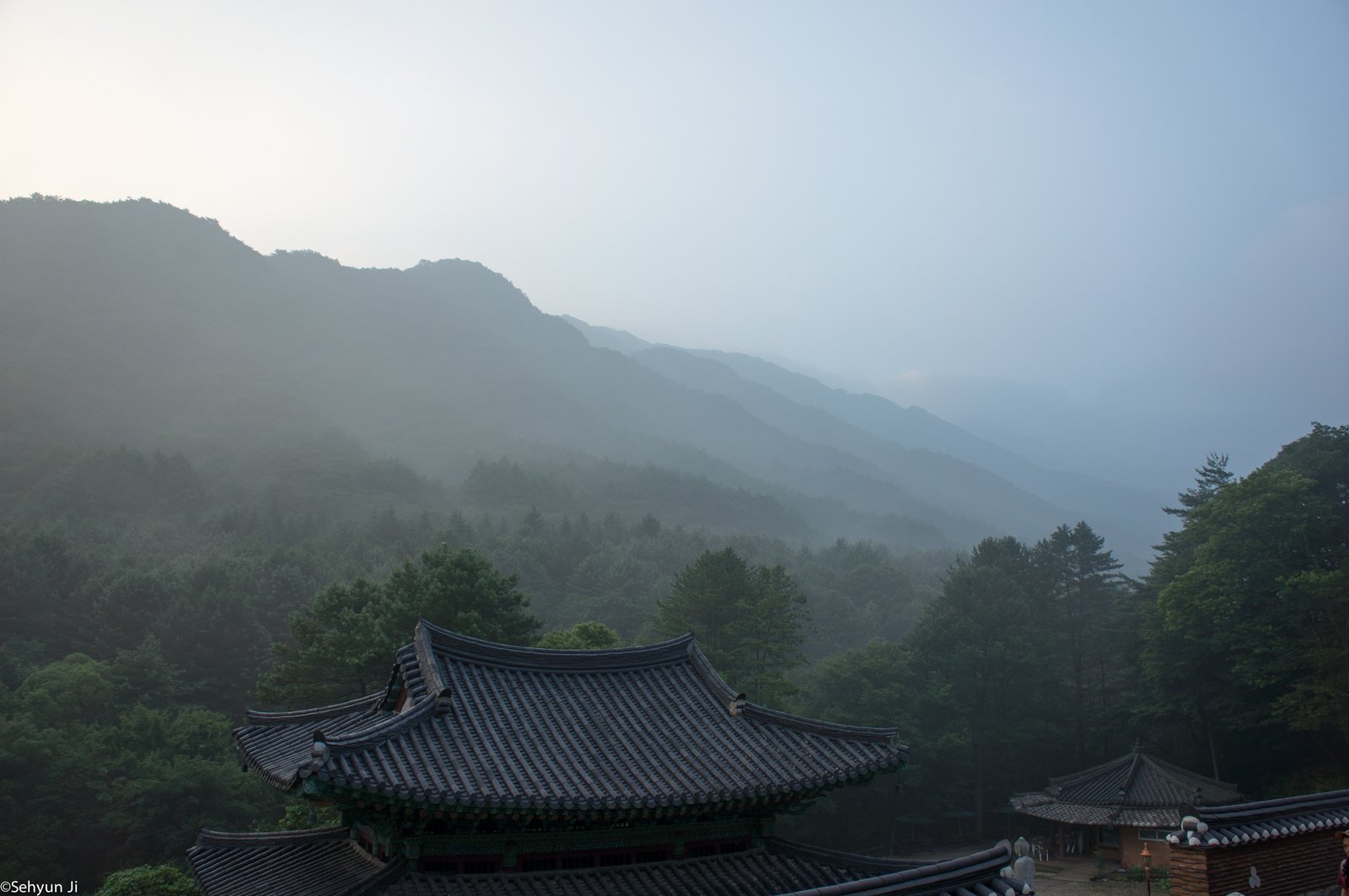 안개 속 전각 처마와 흐린 산봉우리