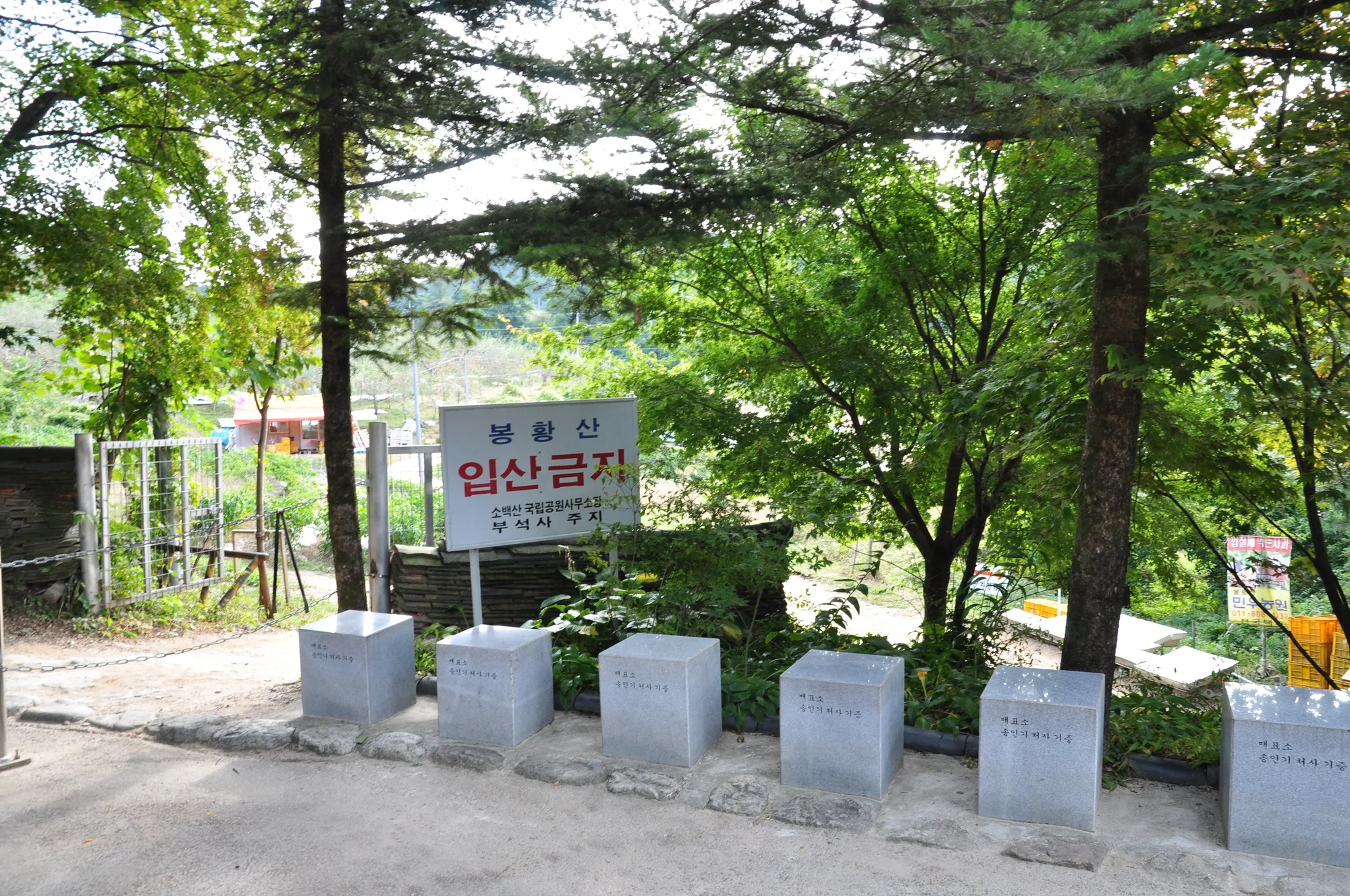 산불조심 표지석 셋이 늘어선 진입로