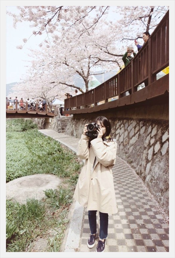 돌벽 옆 길에서 카메라로 얼굴을 가리고 사진을 찍는 베이지색 외투의 사람, 뒤로 난간과 벚나무 (세로 사진)