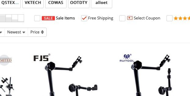 알리익스프레스 필터 줄 캡처, Free Shipping 칸이 체크된 모습