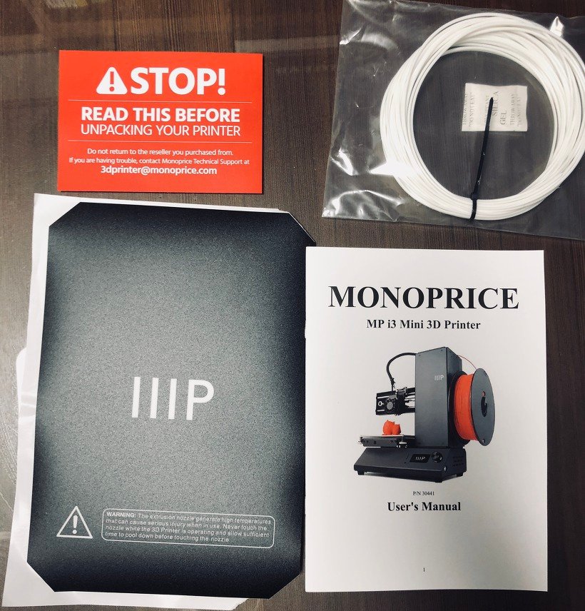 STOP! 경고 카드, 흰색 선이 든 봉지, MONOPRICE MP i3 Mini 사용자 매뉴얼