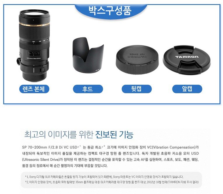 렌즈 본체, 후드, 뒷캡, 앞캡이 나란히 놓인 박스 구성품 안내 이미지