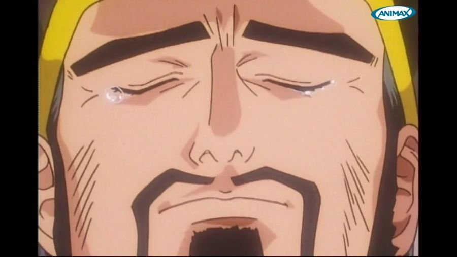 만화 화면을 캡처한 이미지, 눈을 감고 눈물을 흘리는 인물과 오른쪽 위의 ANIMAX 로고