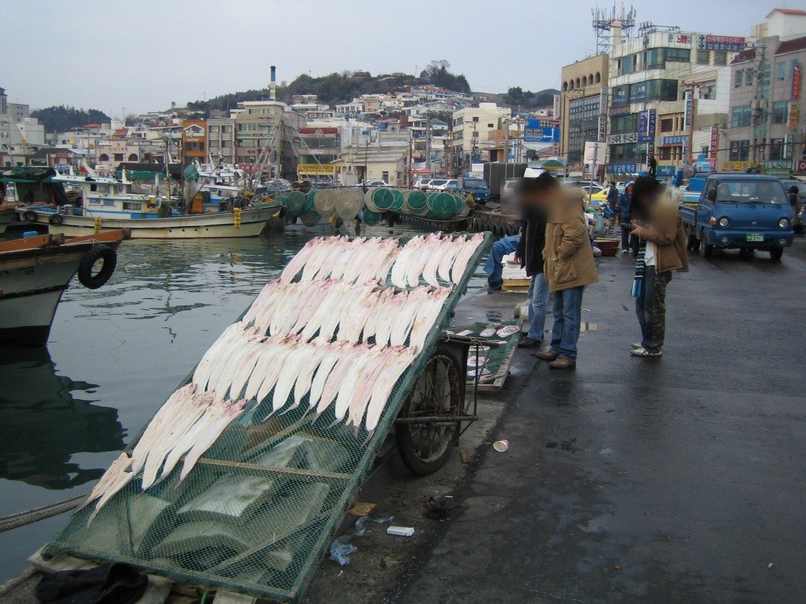 리어카에 널어놓은 갈치와 어시장 풍경