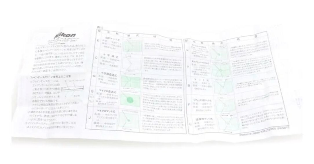 니콘 파인더 스크린 사용 설명서, 스크린 종류 안내표