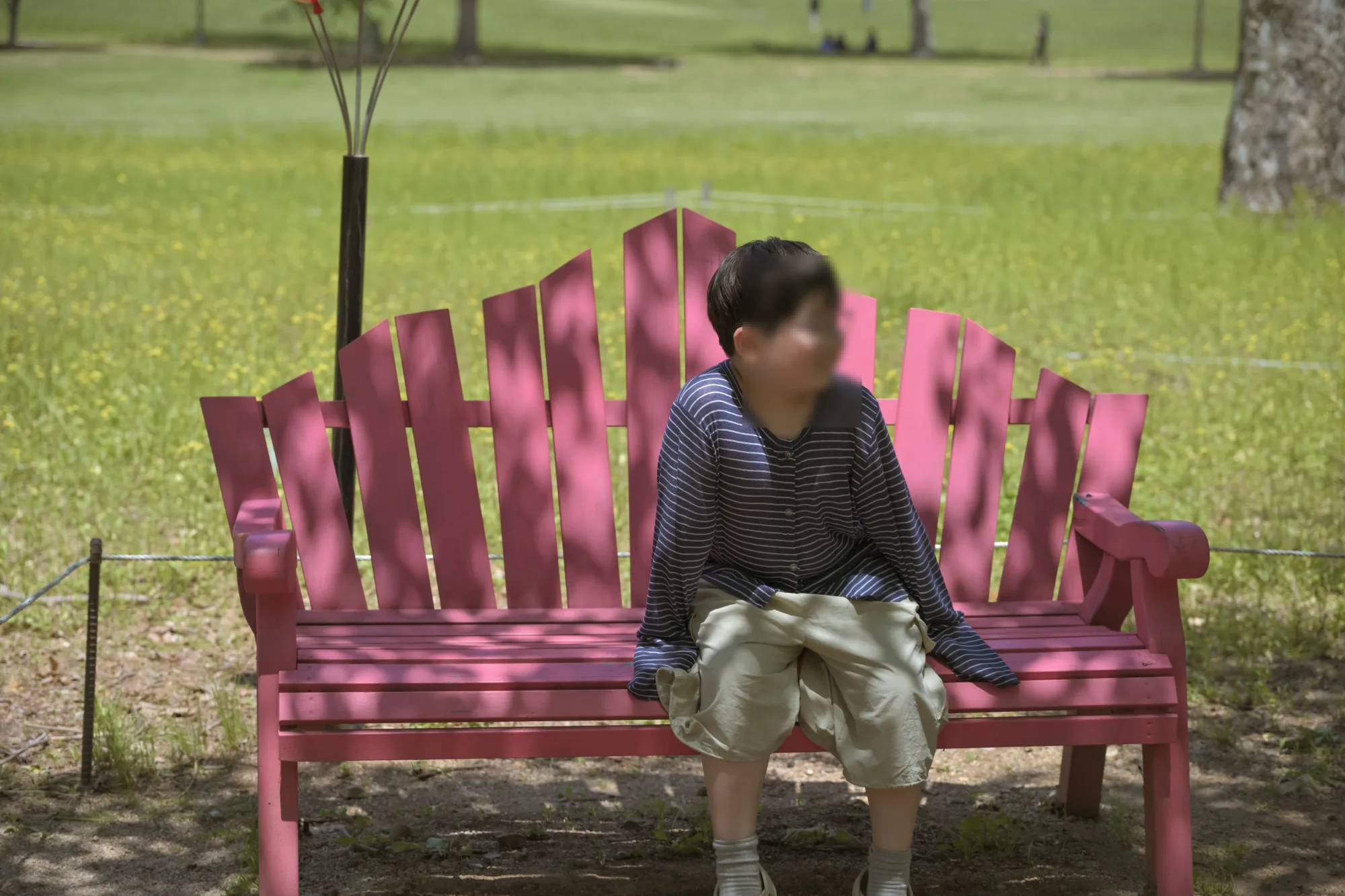 어린이대공원 잔디밭의 대형 분홍 벤치에 앉은 아이