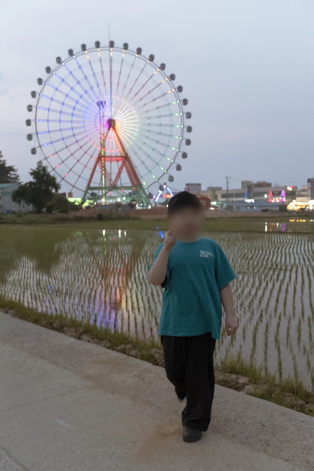 논둑길을 걸어오는 아들과 물에 비친 조명