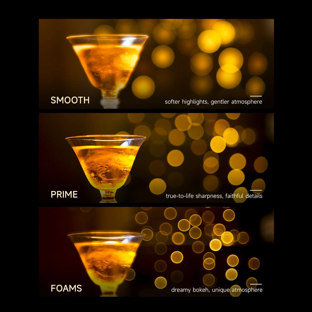 브라이틴스타 공식 예시 이미지, SMOOTH·PRIME·FOAMS 모드로 같은 칵테일 잔을 찍어 배경 흐림을 비교한 세 장