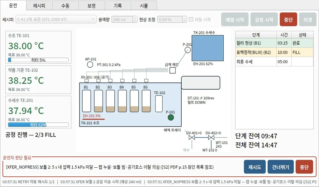 자작 필름 현상기 제어 프로그램 경보 화면, 보틀 2 공기 압력 미달로 재시도·건너뛰기·중단 선택 요청