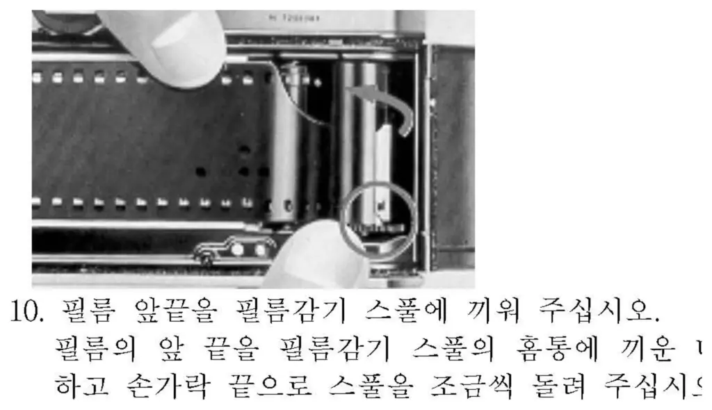 필름 앞끝을 필름감기 스풀 홈통에 끼우는 모습, 손가락으로 스풀을 돌려 구멍을 거는 순간