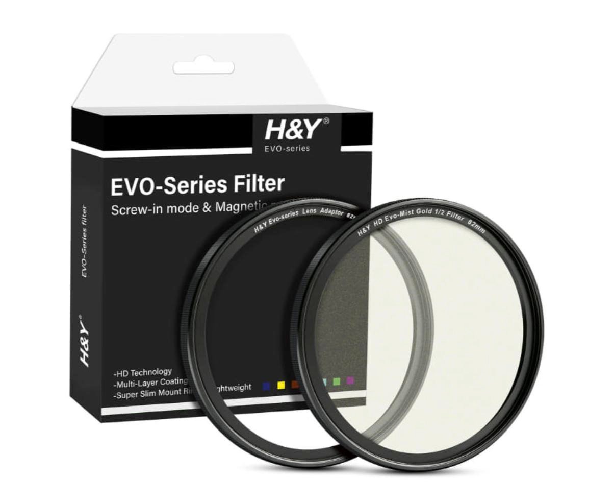 H&Y EVO-Series 필터 상자 앞에 놓인 어댑터 링과 골드 미스트 필터