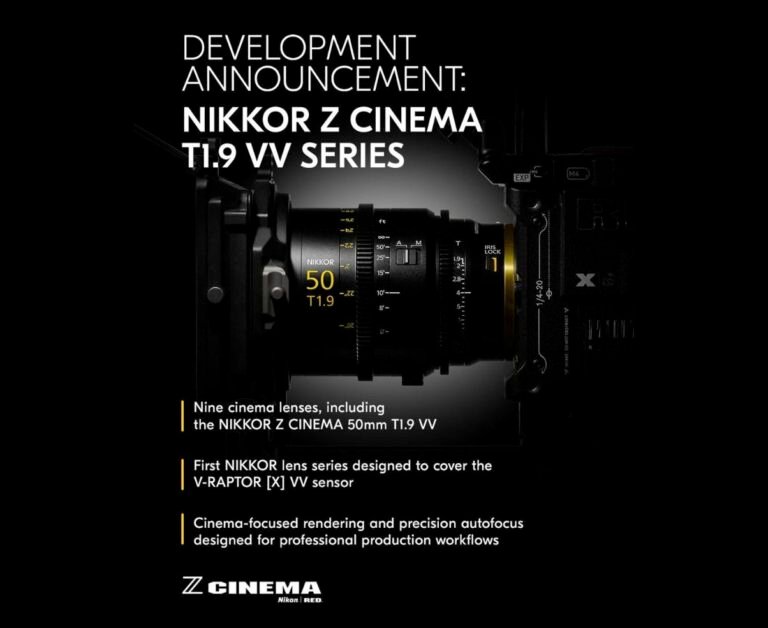 니콘 NIKKOR Z CINEMA T1.9 VV 시리즈 개발 발표 이미지, 50mm T1.9 렌즈가 RED 카메라에 물려 있다
