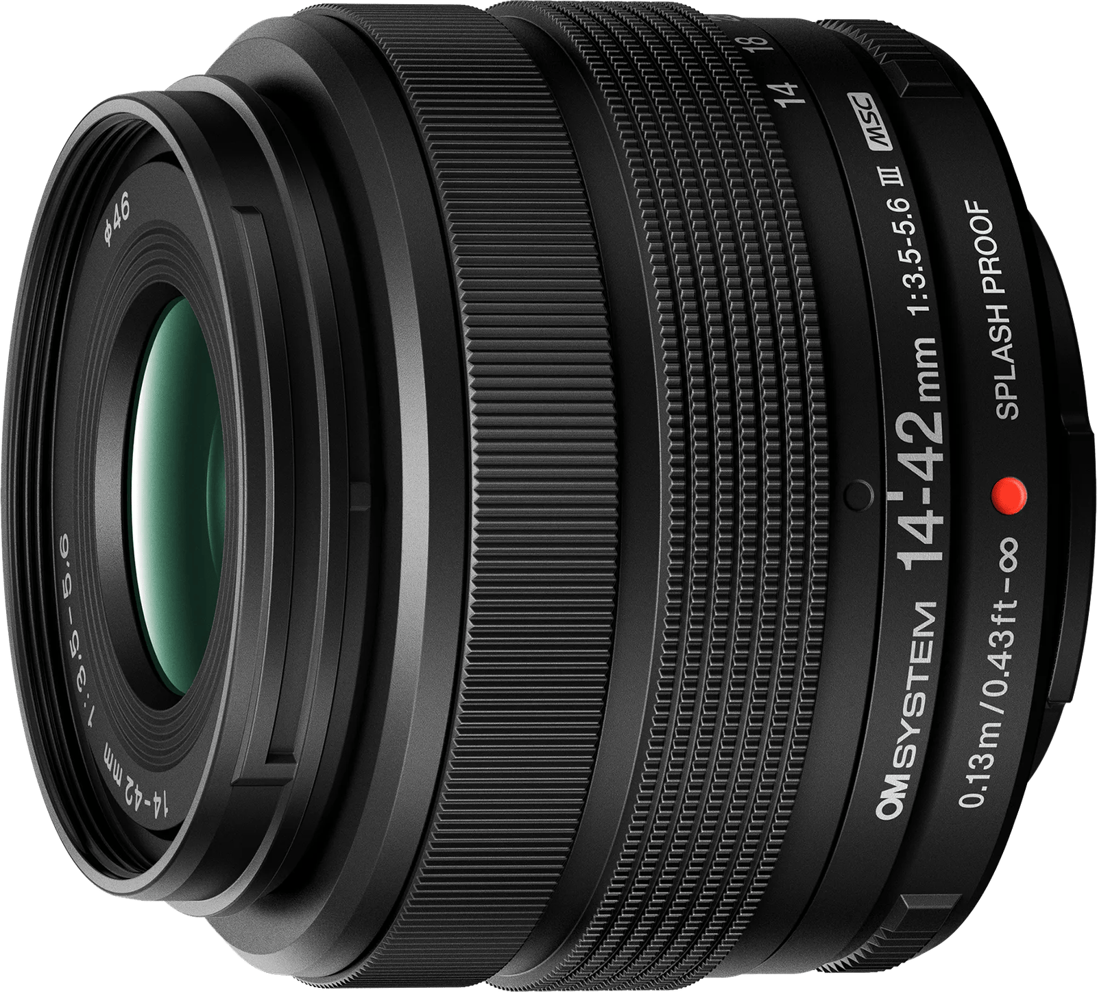 OM 시스템 14-42mm F3.5-5.6 III 렌즈를 비스듬히 본 모습