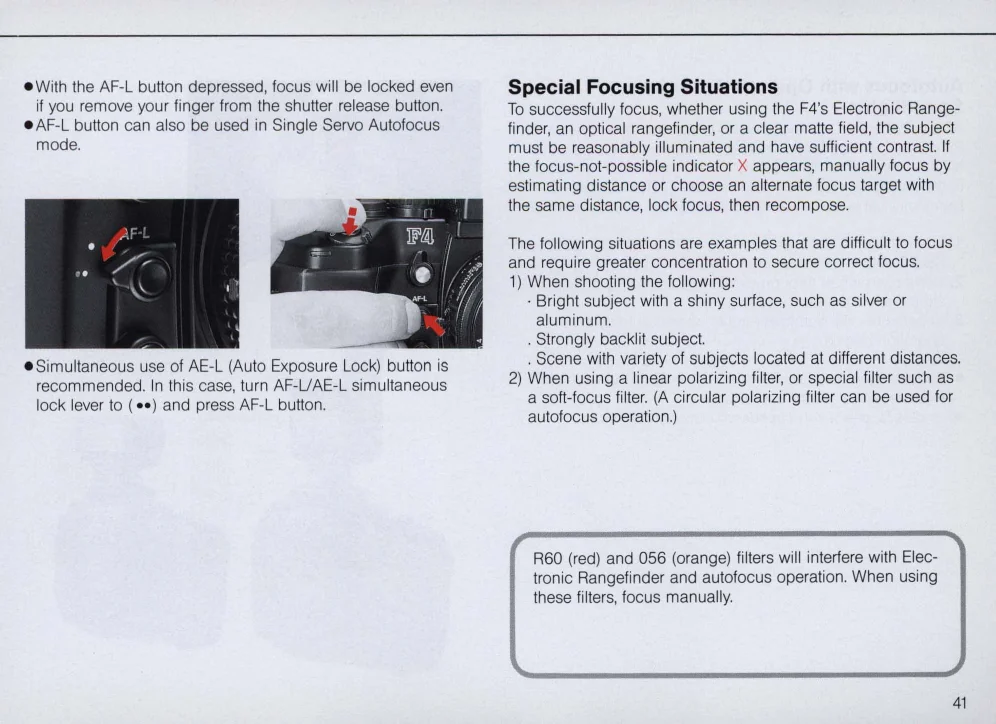 F4-F4S 매뉴얼 Special Focusing Situations 안내 페이지(p.41)
