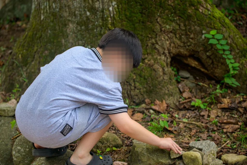 이끼 낀 큰 나무 뿌리 옆에 쪼그려 앉아 돌을 쌓는 아이