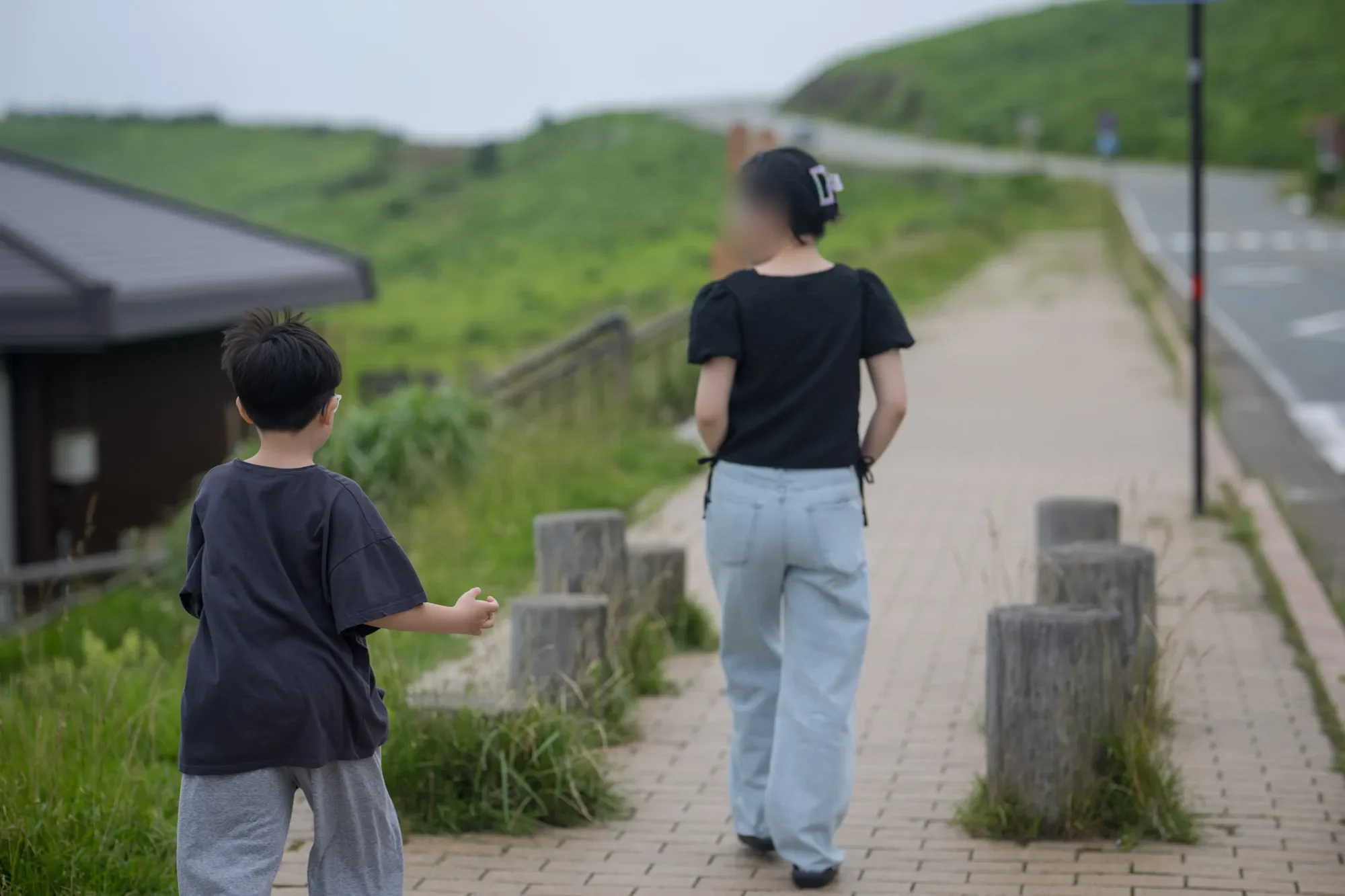 보도블록 길을 걷는 두 사람의 뒷모습, 길가의 나무 말뚝과 초록 언덕
