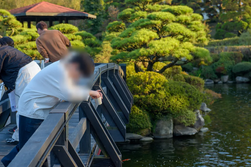 나무 다리 난간에 기대 연못을 내려다보는 아들