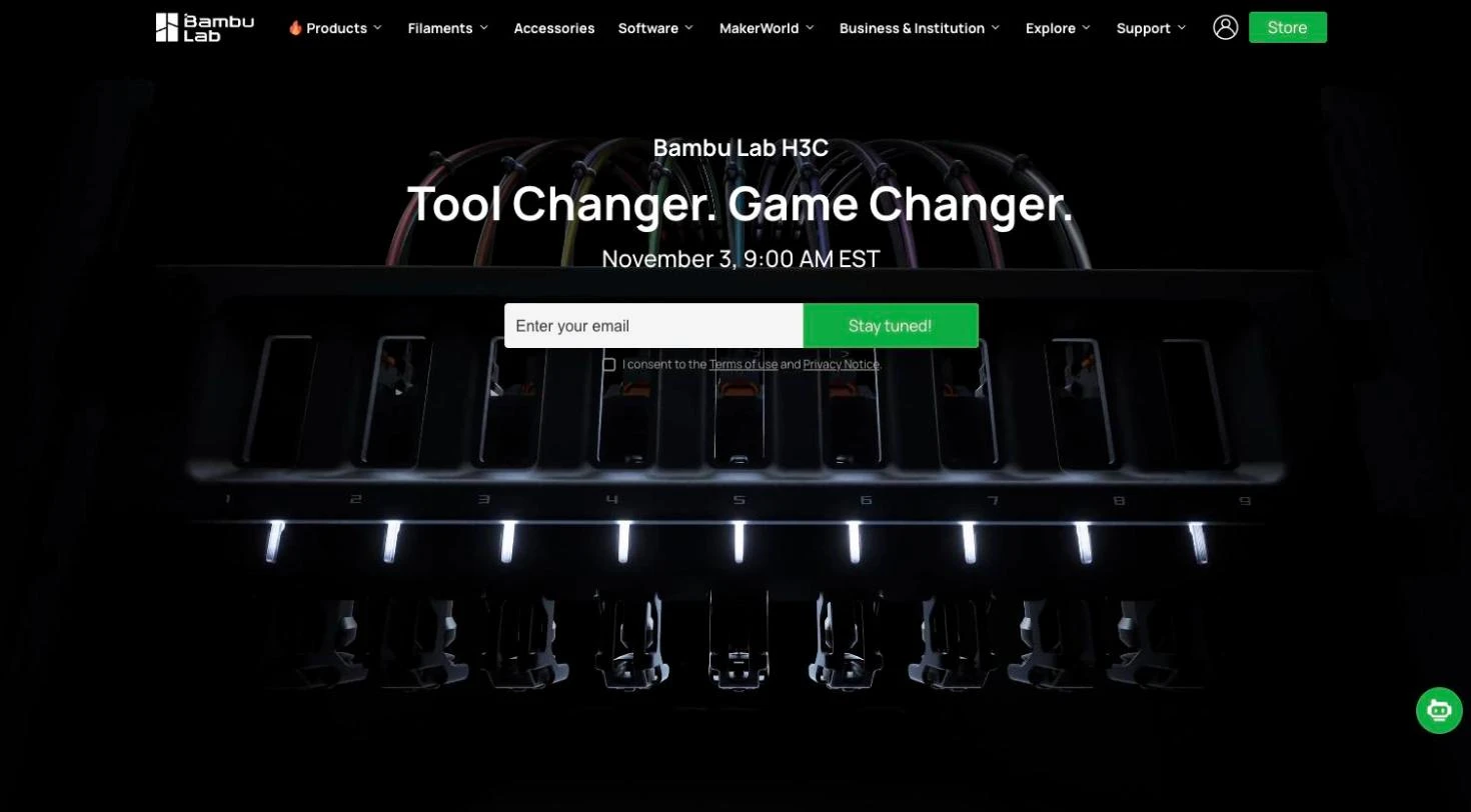 뱀부랩 공식 홈페이지 H3C 예고 페이지. Tool Changer. Game Changer. 문구와 11월 3일 오전 9시(미 동부 표준시) 날짜 아래로 번호 1~9가 붙은 툴 위치와 툴 헤드 9개가 보인다