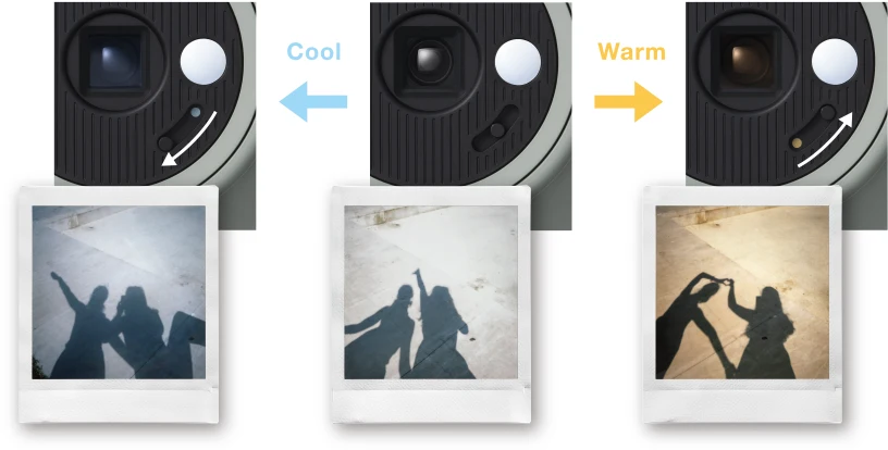 instax SQUARE 2 렌즈 옆 무드 필터 스위치를 쿨과 웜으로 옮긴 세 장면과 그 아래 그림자 사진 프린트 세 장