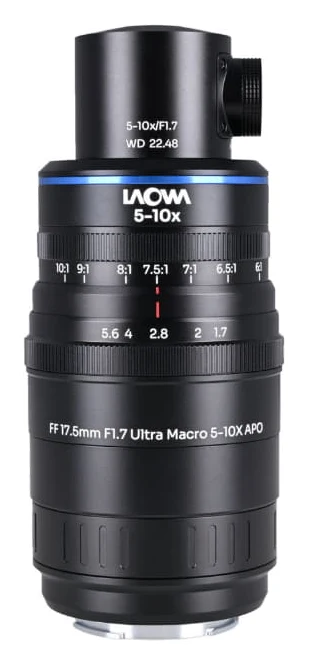 라오와 Aksen 17.5mm F1.7 5-10X 경통, 배율·조리개 눈금과 앞쪽 옆면의 원통형 돌출부