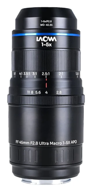 라오와 Aksen 45mm F2.8 1-5X 경통, 배율 눈금과 조리개 눈금이 있고 앞쪽에 WD 40.35 표기