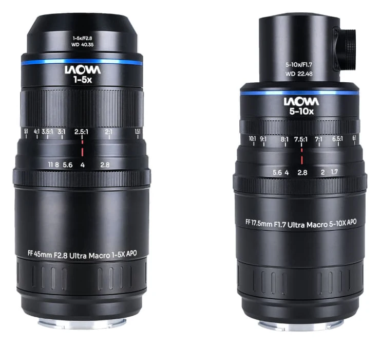 라오와 Aksen 45mm F2.8 1-5X와 17.5mm F1.7 5-10X 울트라 매크로 렌즈 두 개를 나란히 세운 모습