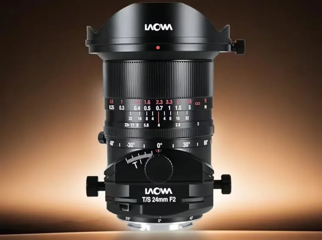 라오와 FFII TS 24mm F2 C-Dreamer 정면, 금속 후드와 거리 눈금, 틸트·회전 조절부