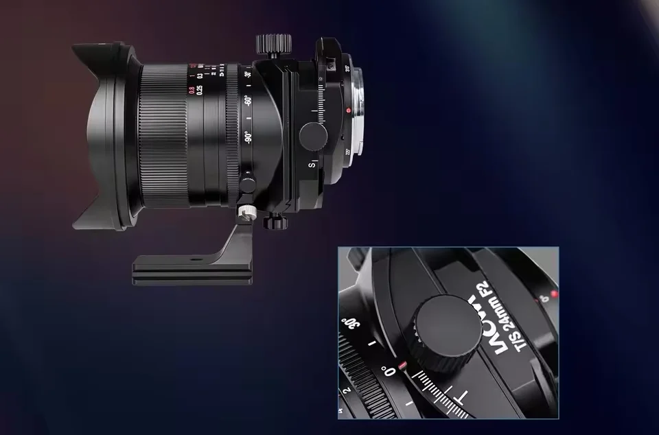 라오와 TS 24mm F2 측면, 삼각대 받침과 시프트 노브 확대 사진