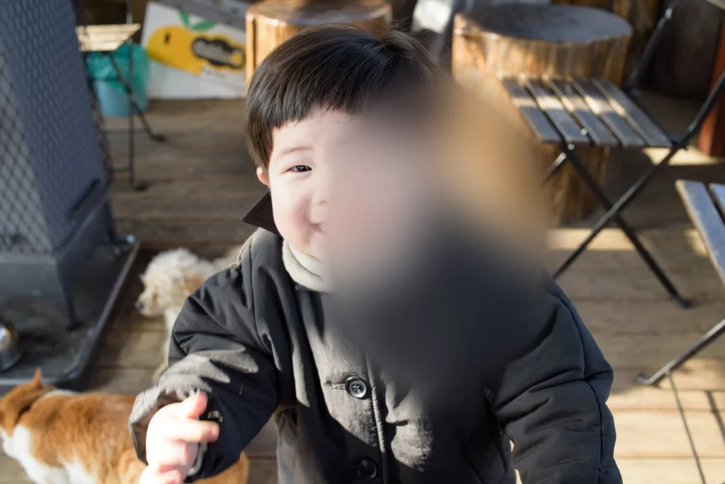카메라 쪽으로 몸을 숙이고 한 손을 뻗은 아이, 아래쪽에 동물 두 마리가 있다(얼굴 가림)