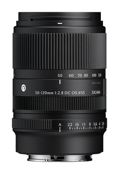 후드를 뗀 시그마 50-120mm F2.8 DC OS, 줌 링과 초점거리 눈금, 아래쪽 조리개 링 눈금